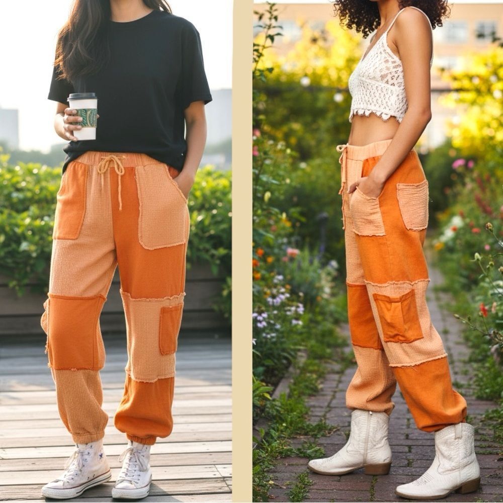POL Jogger Pants Orange Patchwork Adjustable Drawstring Cargo Pockets Contrast M - Picture 4 of 7